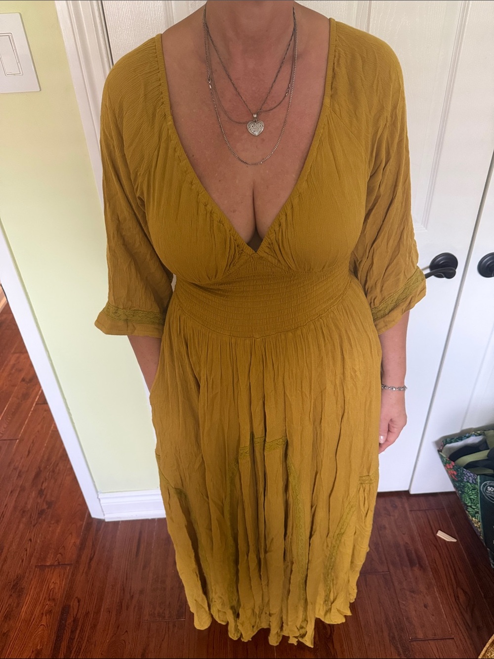 Free People Mustard V-Neck Crinkle Maxi Dress